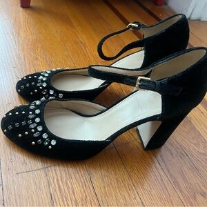 J. Crew collection embellished velvet black Mary Jane pumps heels 10.5 EUC